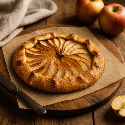 Golden rustic apple galette with flaky crust and caramelized apple slices, styled on parchment paper over a wooden table with apples in the background.