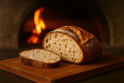 Artisan Bread Baked in an Earthstone Oven A rustic sourdough loaf baked in a wood-fired stone oven, showing golden crust and airy crumb.