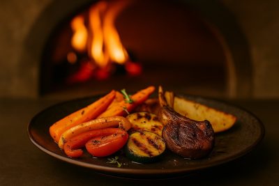 Fire-roasted Vegetables with Earthstone Precision Heat An assortment of fire-roasted carrots, peppers, and zucchini cooked in a wood-fired stone oven, caramelized to golden perfection.