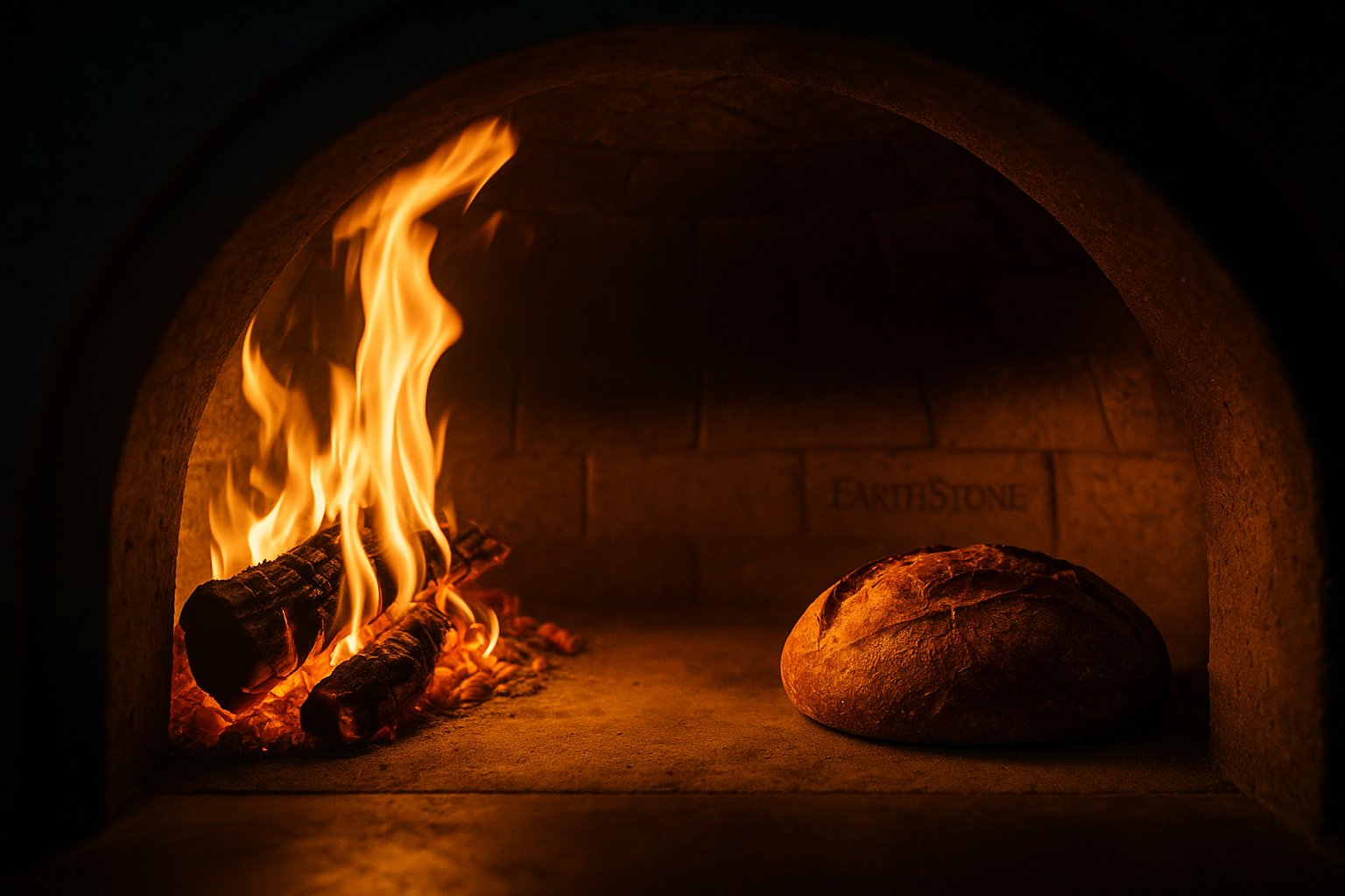 from Fire to Flavor the Science of Heat in a Wood-fired Oven | Earthstone | Wood & Gas Fire Pizza Ovens A glowing wood fire inside a handcrafted stone oven with a golden loaf of bread baking beside it, illustrating the heat retention and craftsmanship of EarthStone Ovens.