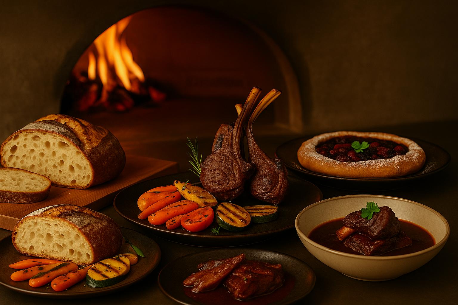 the Art of Cooking Beyond Pizza Exploring the Versatility of Earthstone Ovens | Earthstone | Wood & Gas Fire Pizza Ovens An elegant table displaying artisan bread, roasted meats, vegetables, and dessert cooked in a wood-fired stone oven, glowing with warm firelight.